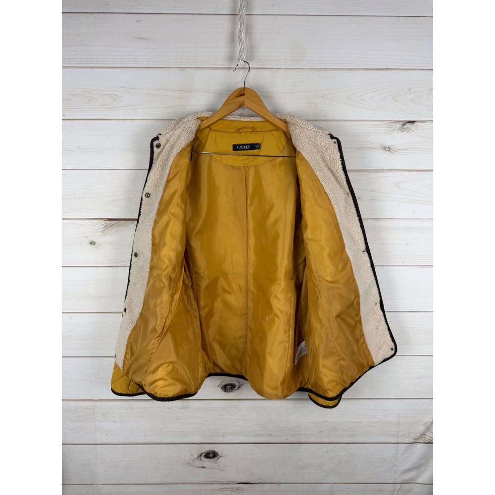 Lauren Ralph Lauren Jacket Womens XL Mustard Yellow Quilted Faux Fur Collar - Picture 7 of 8